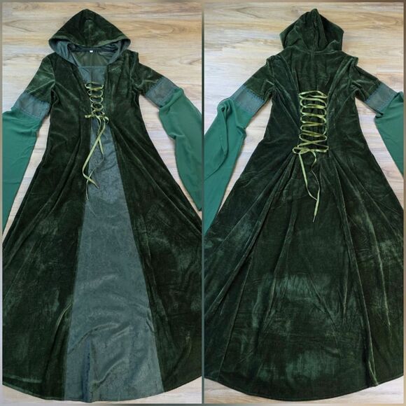 ⏭️NWT Green Medieval Renaissance Hooded Trumpet Sleeve Dress Large - Picture 5 of 15